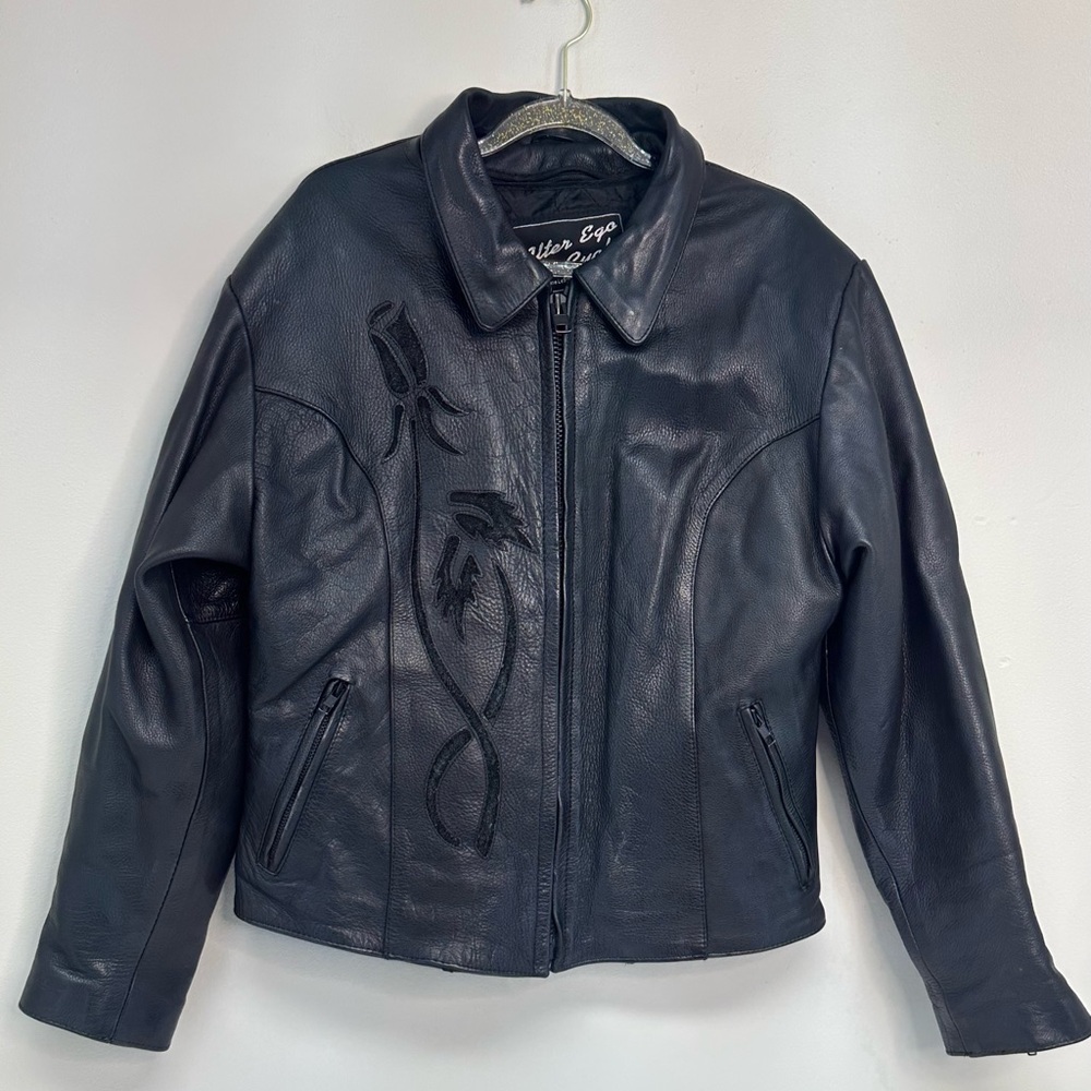 Alter Ego Vintage Black Leather Jacket coat with roses size medium motorcycle